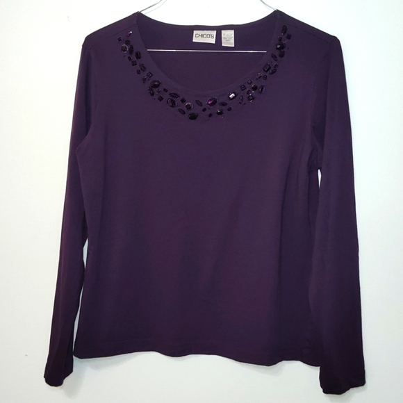 Chico's T Shirt Size 2 Purple Beaded Long Sleeve Scoop Neck Embellished Large - Picture 1 of 11